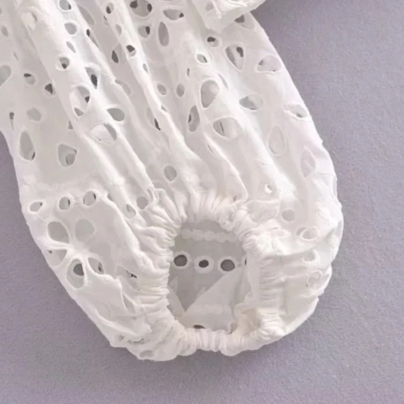 Boho White Eyelet Button Down Cropped Shirt - Picture 4 of 6